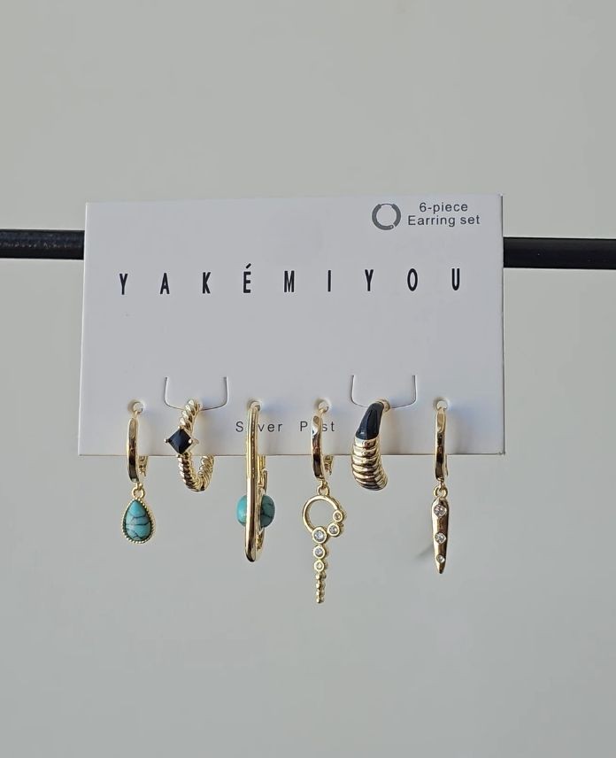 Pirinç 6 Lı Mavi Taşlı Set Küpe