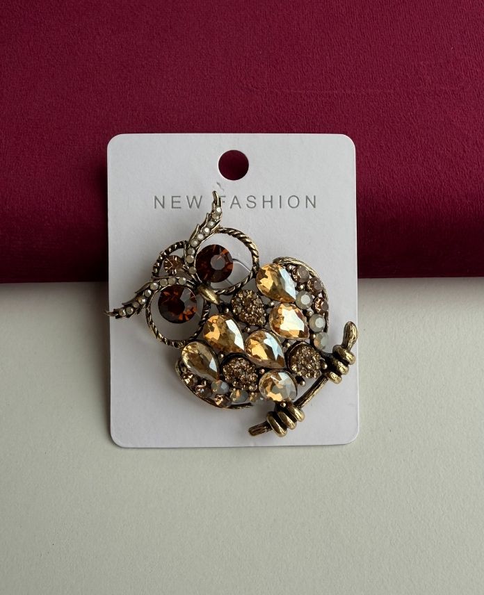 Pirinç Baykuş Taşlı Broş