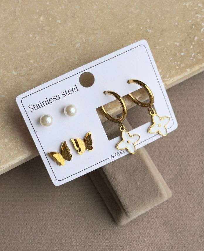 Çelik 6 Lı Kelebek İnci Küpe