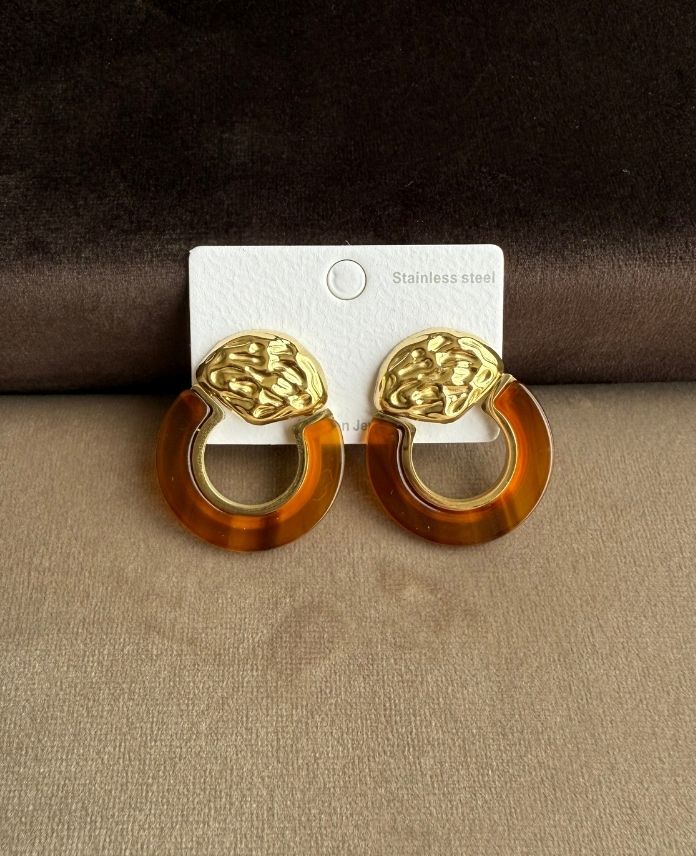 Çelik Yuvarlak Kahverengi Mineli Küpe