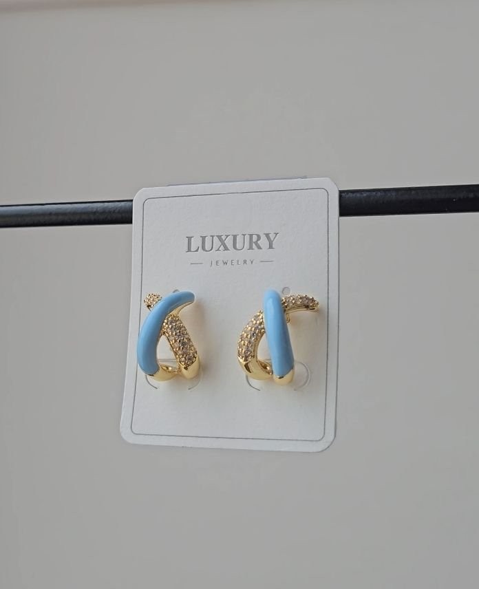 Luxury Çapraz Mavi Taşlı Küpe