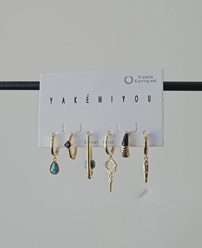 Pirinç 6 Lı Mavi Taşlı Set Küpe