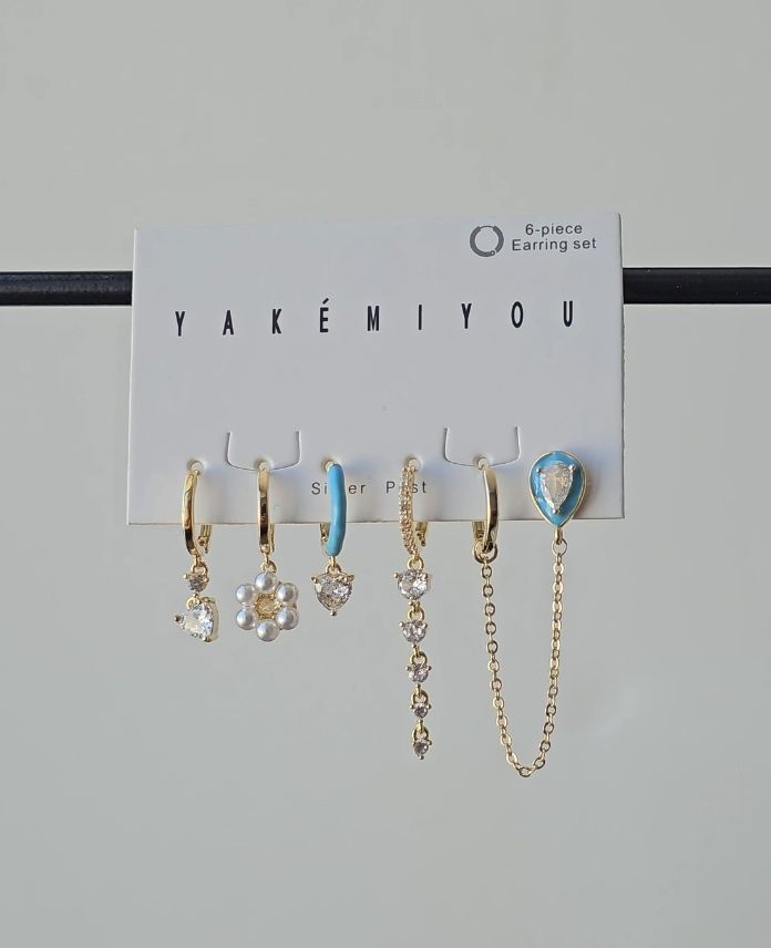 Pirinç 6 Lı Kalp Mavi Set Küpe