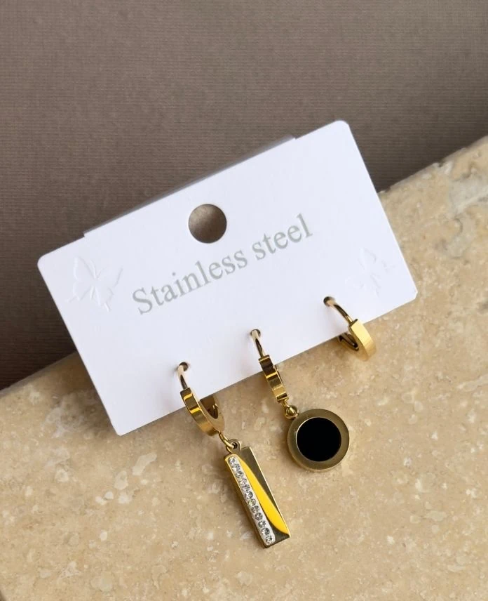 Çelik 3 Lü Yuvarlak Siyah Küpe