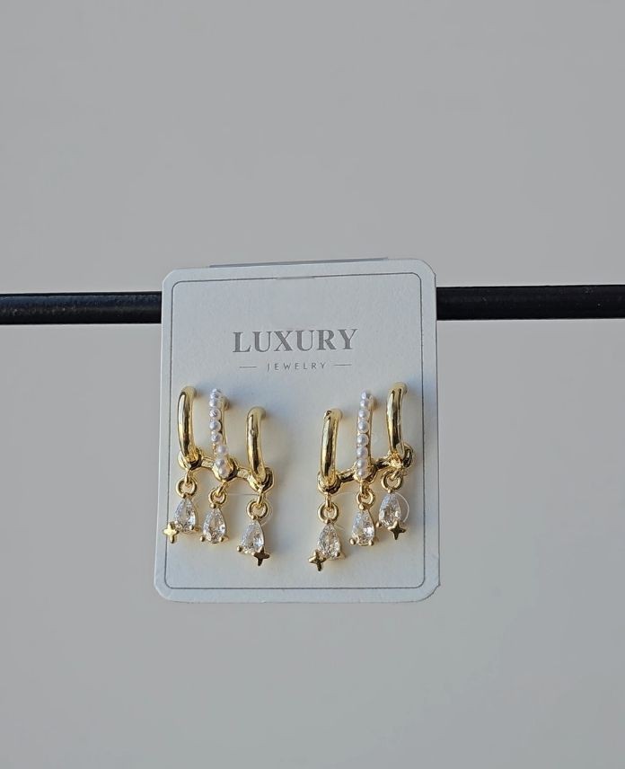 Luxury 3 Lü Şerit İncili Taşlı Küpe