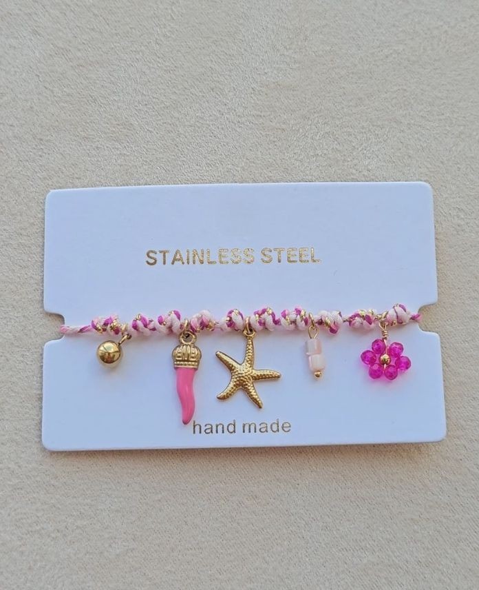 Çelik Pembe Yıldız Charmlı İp Bileklik