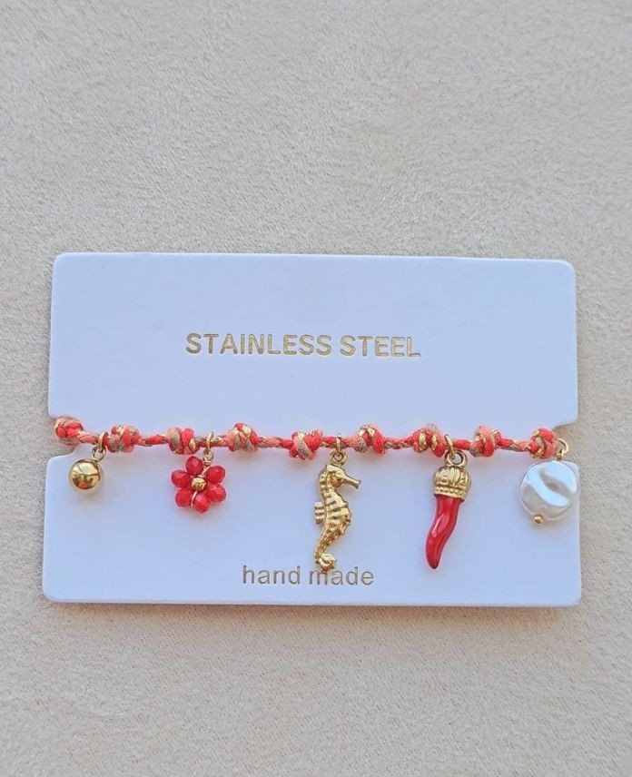 Çelik Pembe Deniz Atı Charmlı İp Bileklik