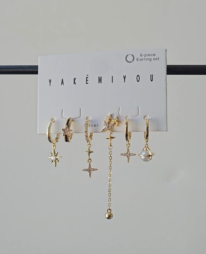 Pirinç 6 Lı Sedef Yıldızı Set Küpe