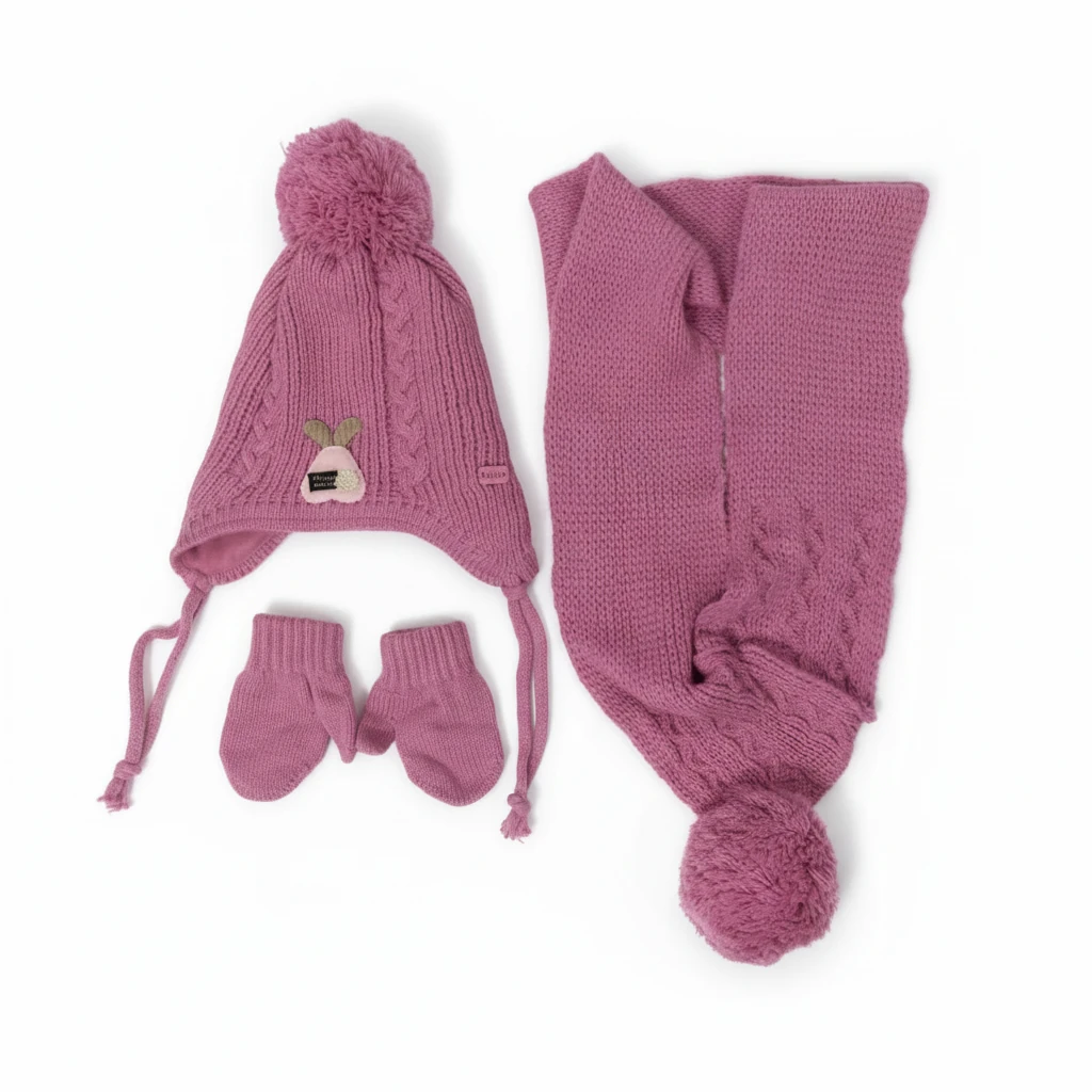 Kız Bebek Atkı Bere Eldiven Takımı 0-18 Ay - Koyu Pembe