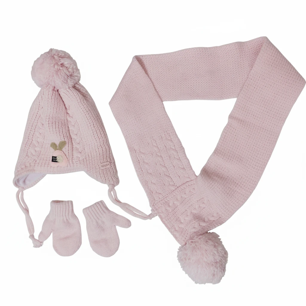 Kız Bebek Atkı Bere Eldiven Takımı 0-18 Ay - Açık Pembe