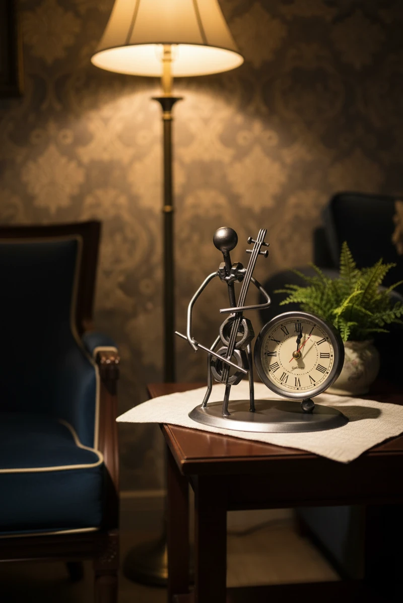 Masa Üstü Metal Saat Çello Çalan Müzisyen