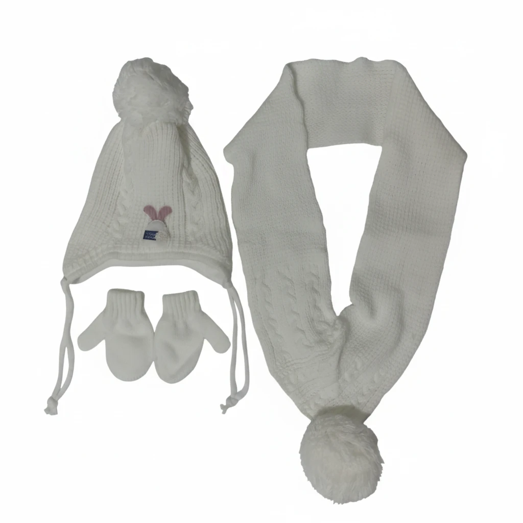 Kız Bebek Atkı Bere Eldiven Takımı 0-18 Ay - Beyaz