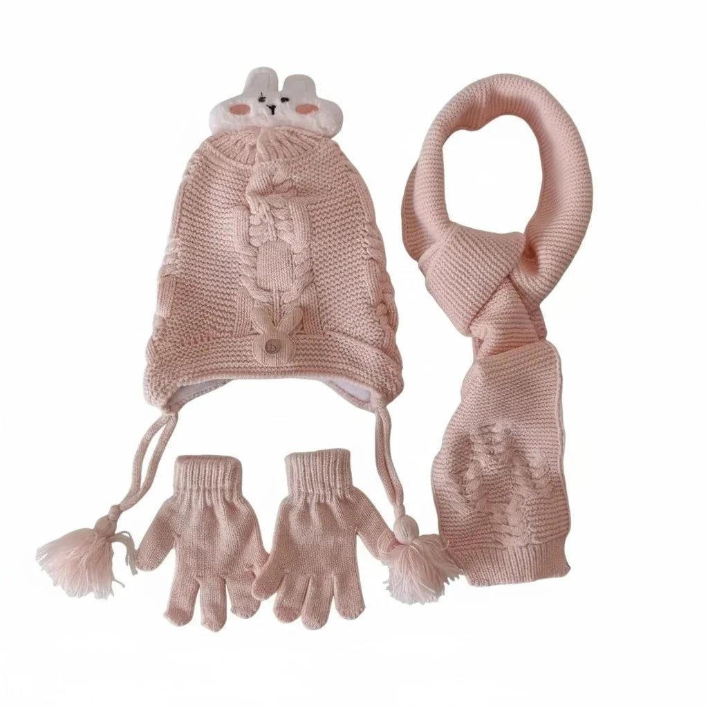Kız Çocuk Atkı Bere Eldiven Takımı 1-4 Yaş - Açık Pembe