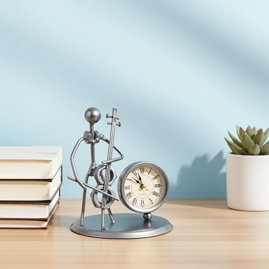 Masa Üstü Metal Saat Çello Çalan Müzisyen