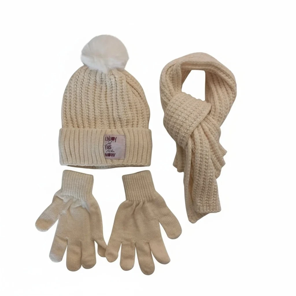 Kız Çocuk Atkı Bere Eldiven 9-15 Yaş - Krem