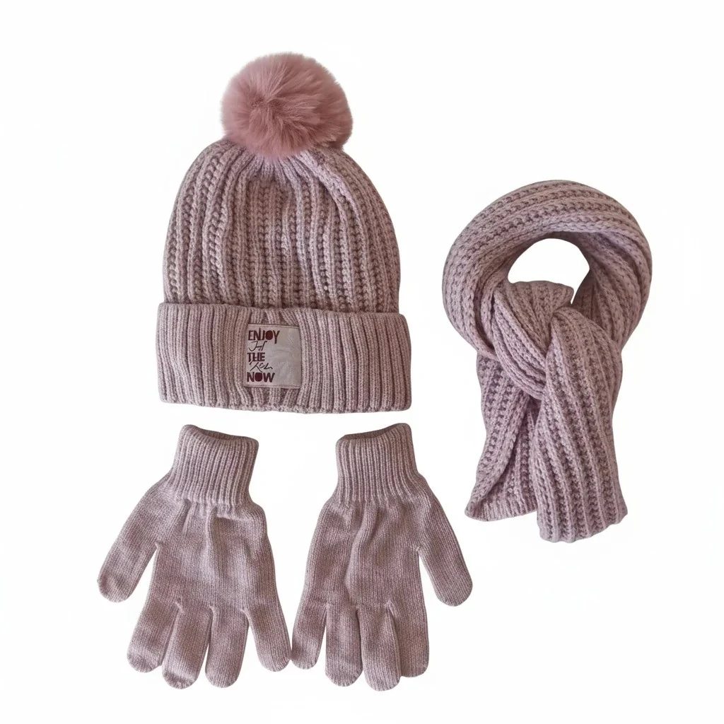 Kız Çocuk Atkı Bere Eldiven 9-15 Yaş - Açık Pembe