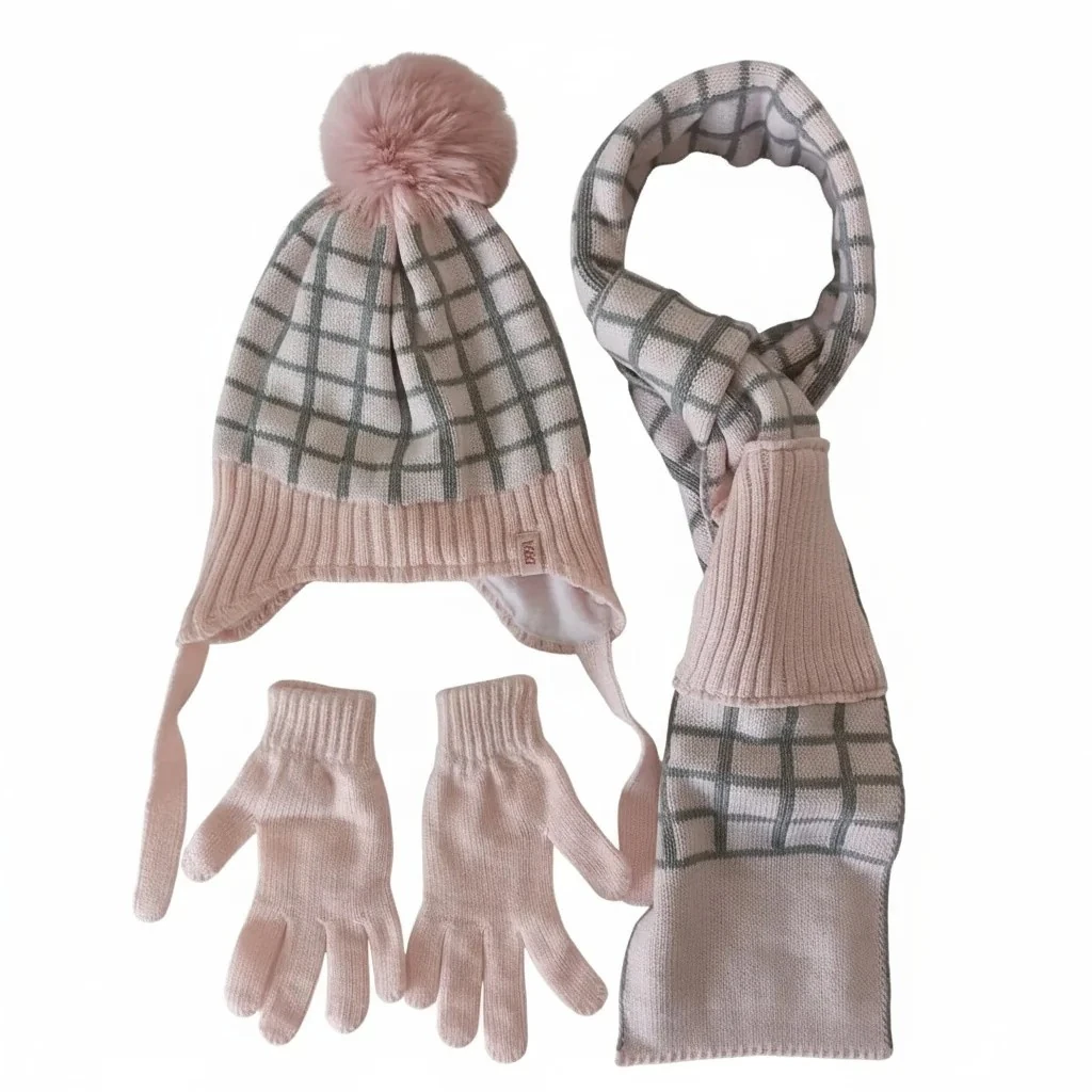 Kız Çocuk Atkı Bere Eldiven 4-8 yaş - Açık Pembe