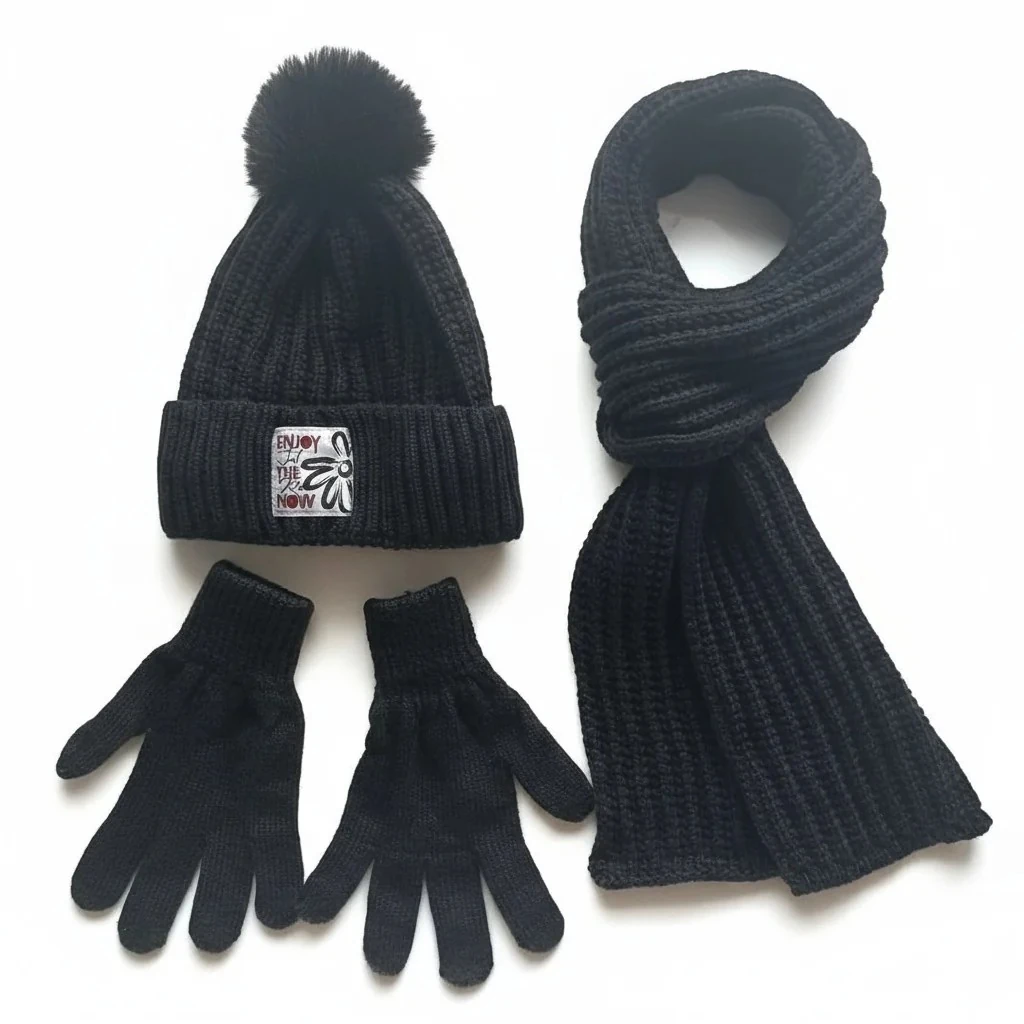 Kız Çocuk Atkı Bere Eldiven 9-15 Yaş - Siyah