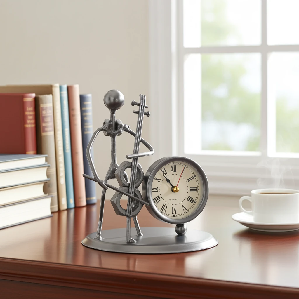 Masa Üstü Metal Saat Çello Çalan Müzisyen