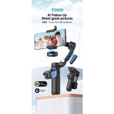 TOKQI M03 3 Eksenli Gimbal Stabilizer (AI Takip + Kablosuz Mikrofon + Işıklı)