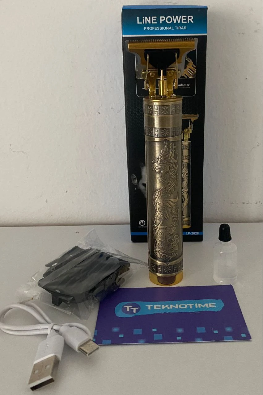  Saç Sakal Kesme Traş Makinası Şarjlı Gold Ejderha Motifli T Jiletli Sıfır Kesim Imkanı Traş Makinası