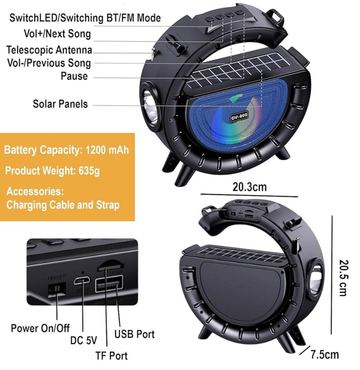 DV-800 Güneş Enerjili El Fenerli Radyolu Kablosuz Işıklı Bluetooth Hoparlör