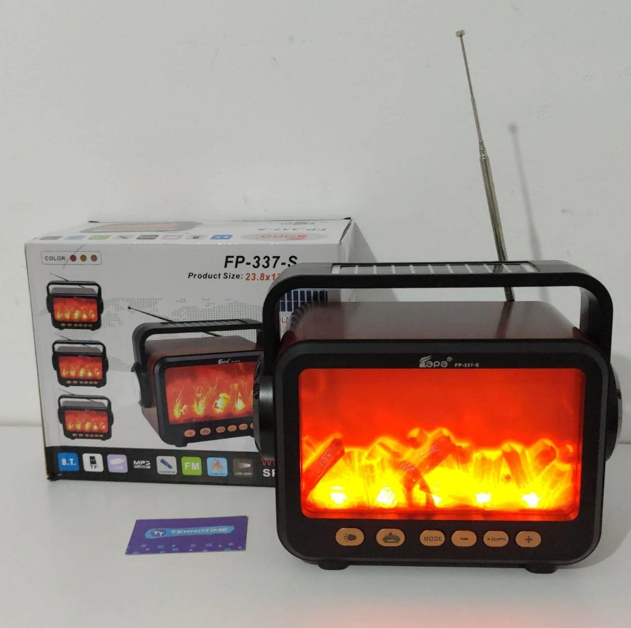 FP-337-S Solar Panelli Şömine Nostaljik Görünümlü Bluetoothlu ve Fenerli Mp3 Çalar Radyo Müzik Kutusu