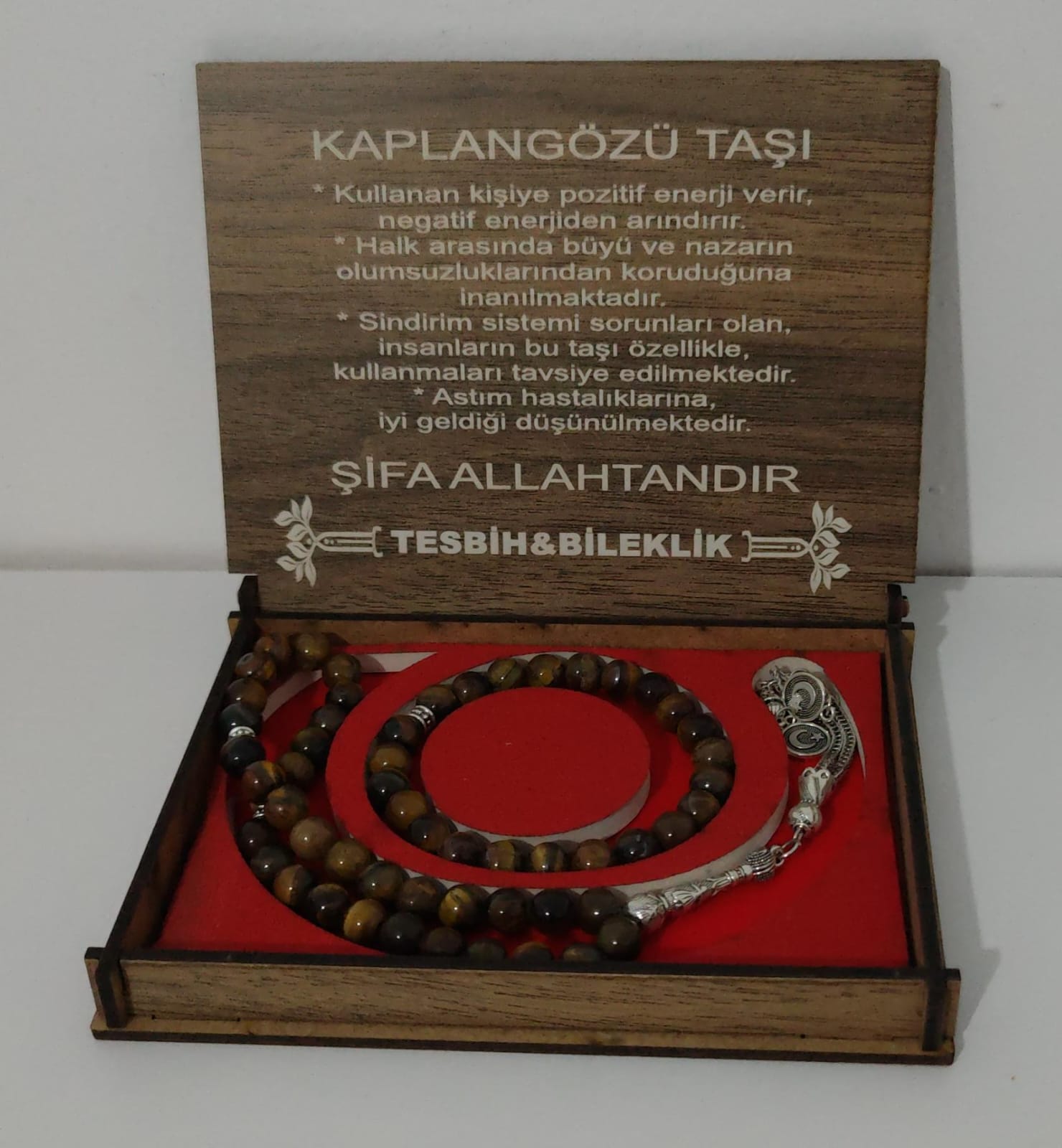 Kaplan Gözü Taşlı Tesbih Bileklik Seti 