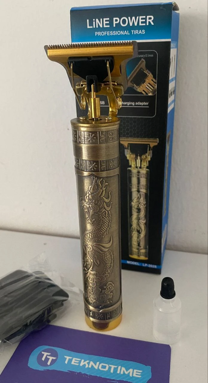  Saç Sakal Kesme Traş Makinası Şarjlı Gold Ejderha Motifli T Jiletli Sıfır Kesim Imkanı Traş Makinası