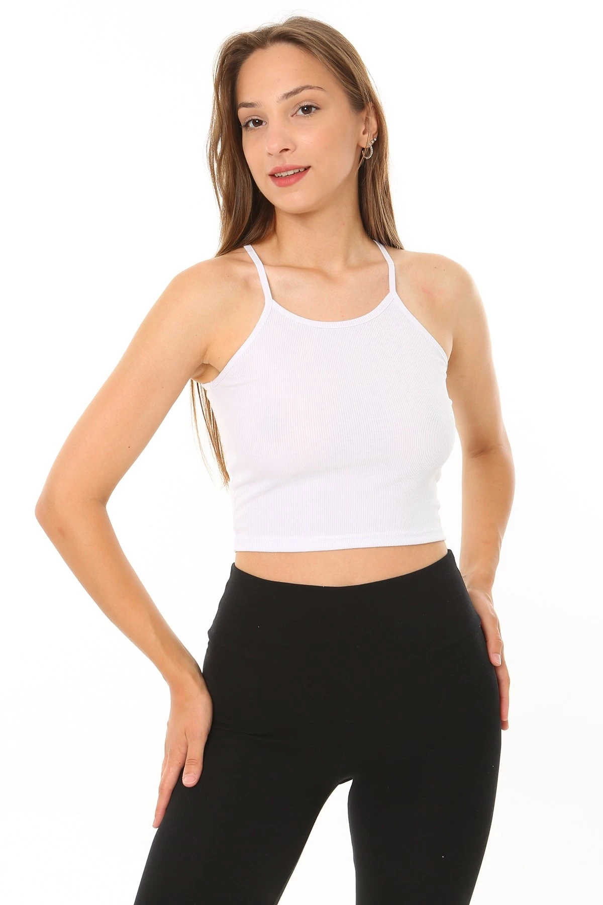 Kadın Ip Askılı Crop Top Kaşkorse Fitilli Kumaş