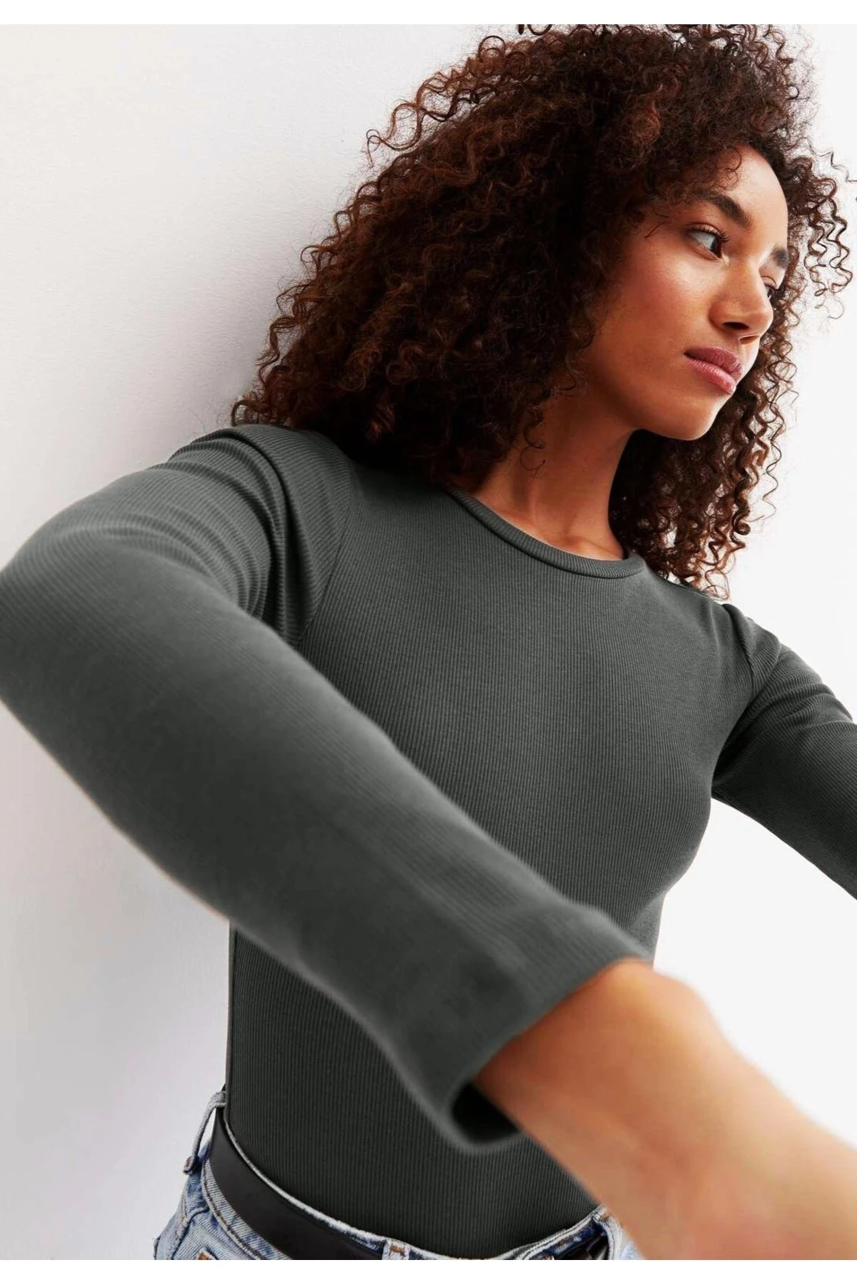 Kadın Beyaz Uzun Kol T-shirt&bluz ,fitilli Kaşkorse Kumaş