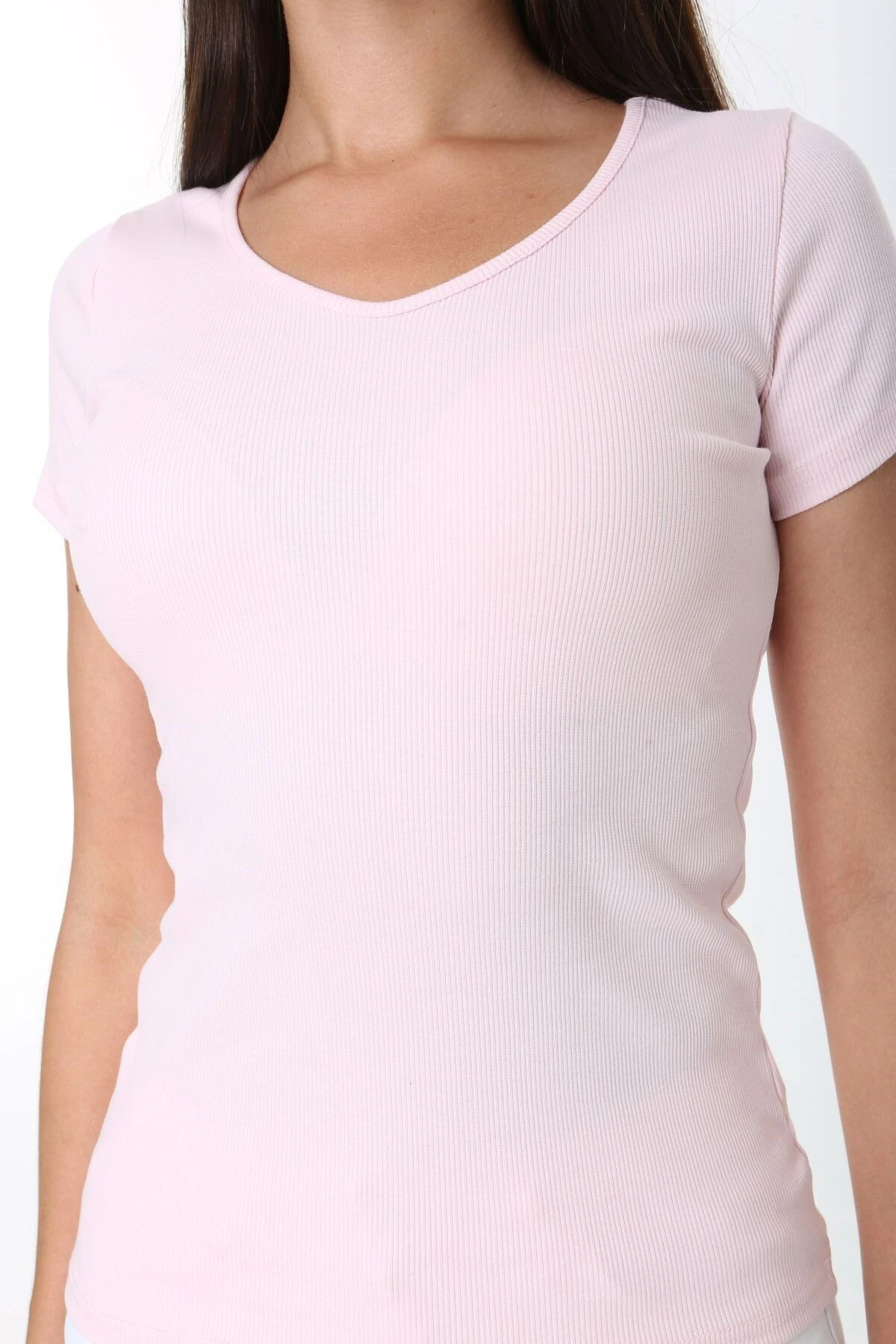 Kadın Basic V Yaka T-shirt ,Fitilli Kaşkorse Kumaş bluz