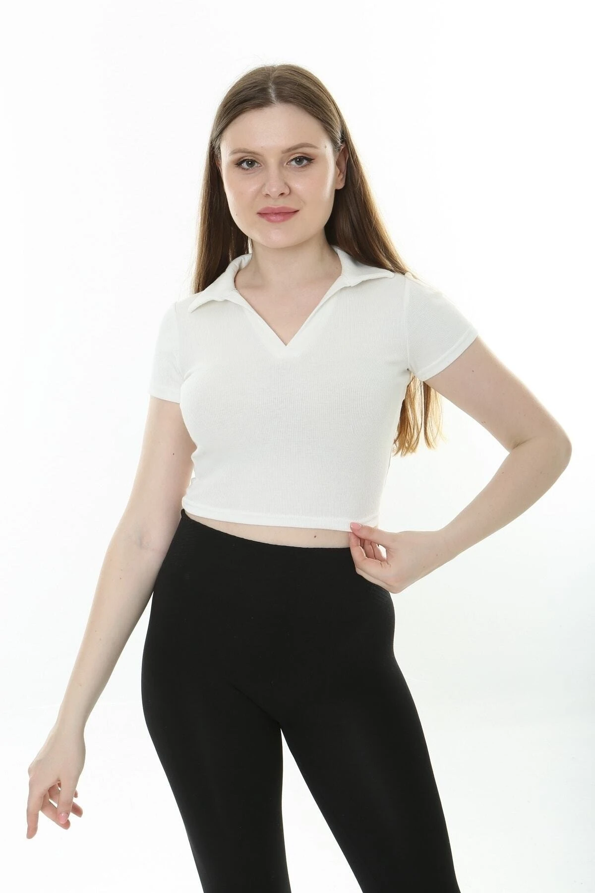 KADIN POLO YAKA CROP ,FİTİLLİ KAŞKORSE CROP T-SHIRT