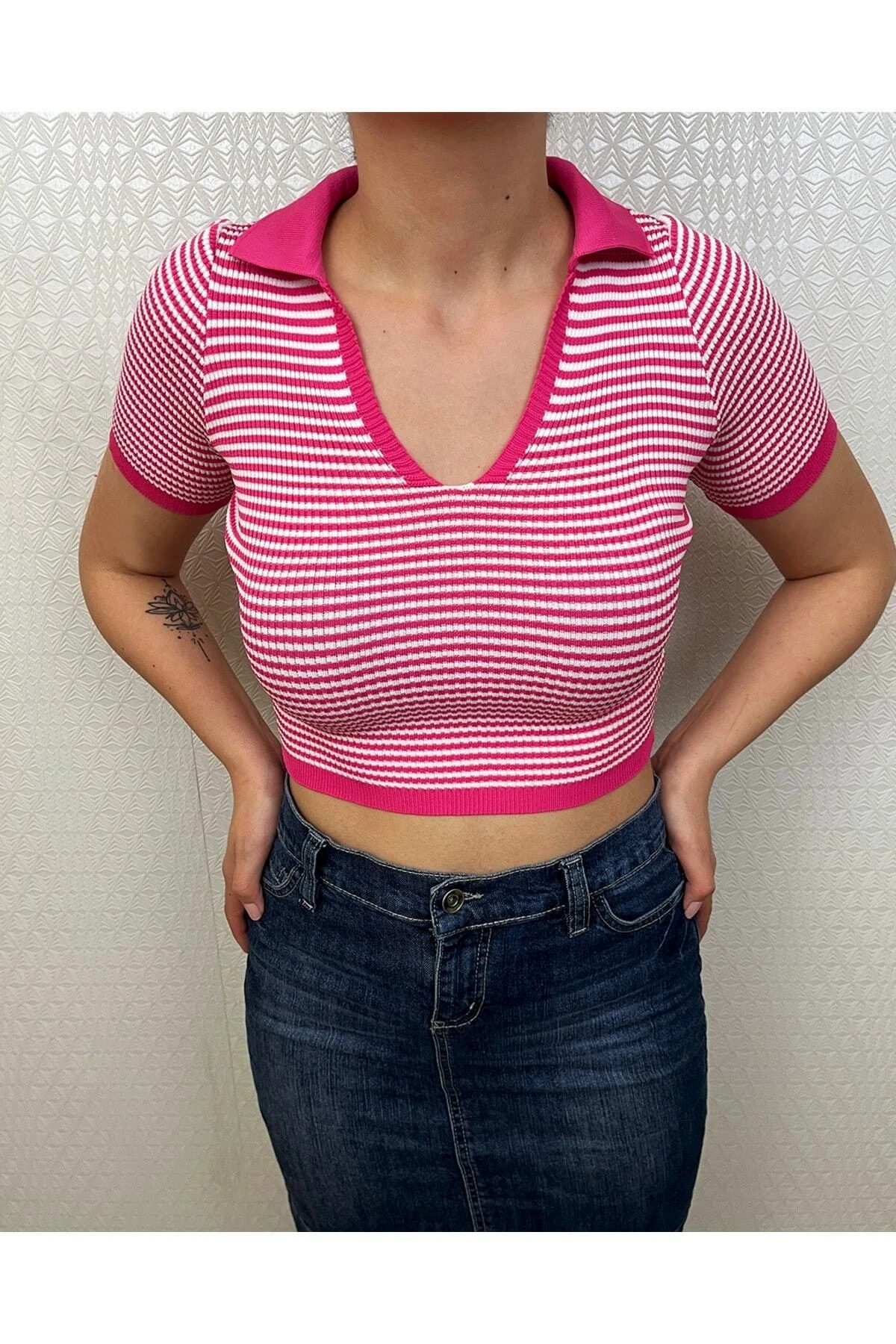 Kadın Pembe Polo Yaka Çizgili Triko Crop