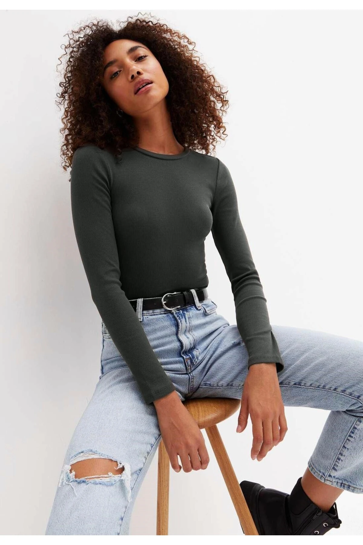 Kadın Beyaz Uzun Kol T-shirt&bluz ,fitilli Kaşkorse Kumaş