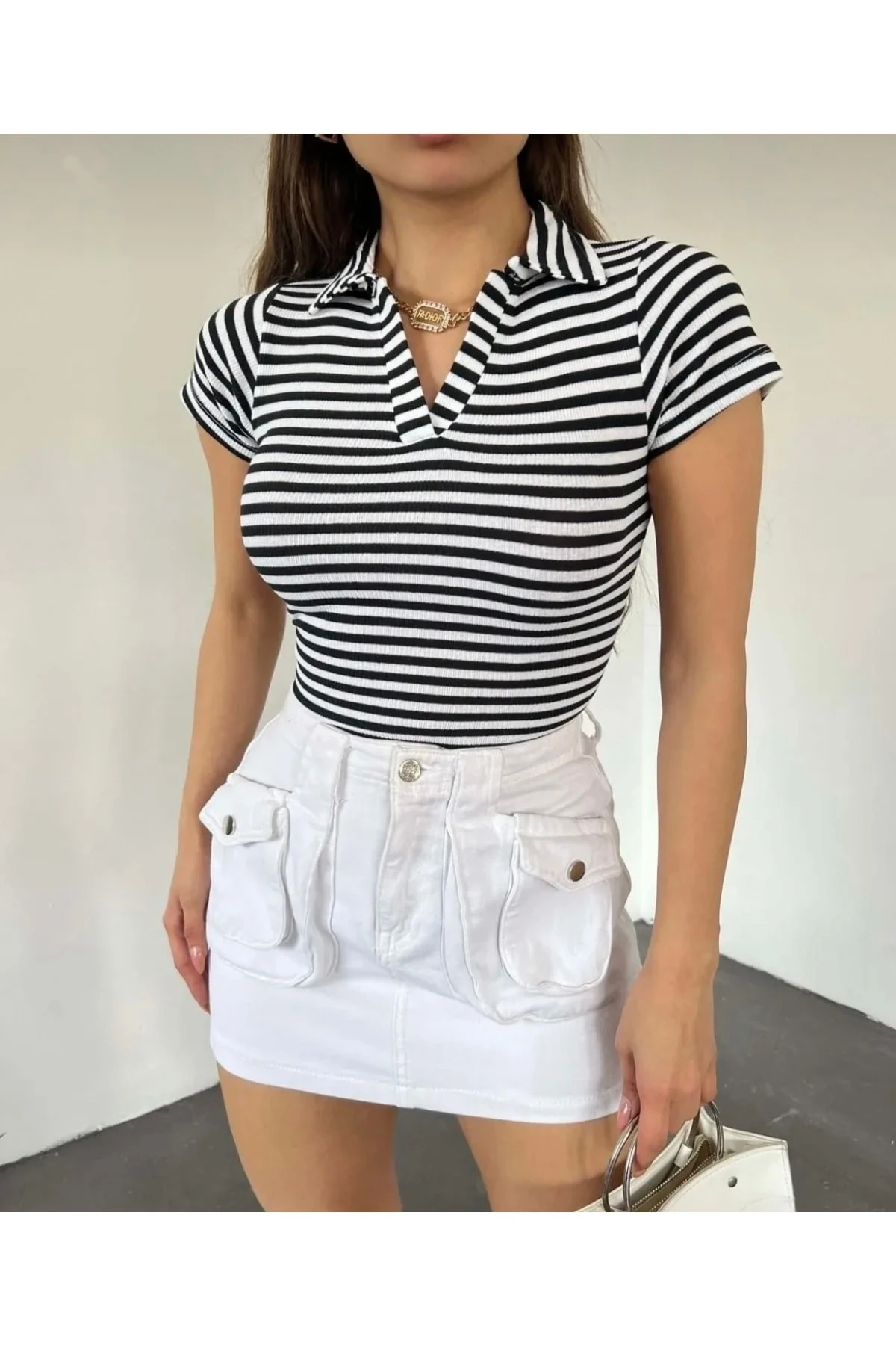 Polo Yaka Kaşkorse Kısa Kol Crop