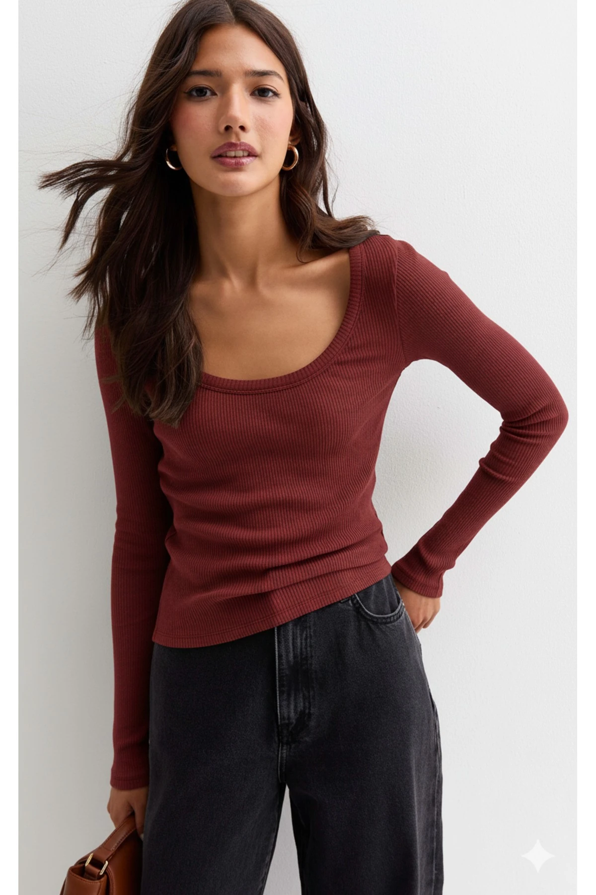 Kadın Siyah Uzun Kol, Derin Havuz Yaka Bluz, Fitilli Kaşkorse Kumaş