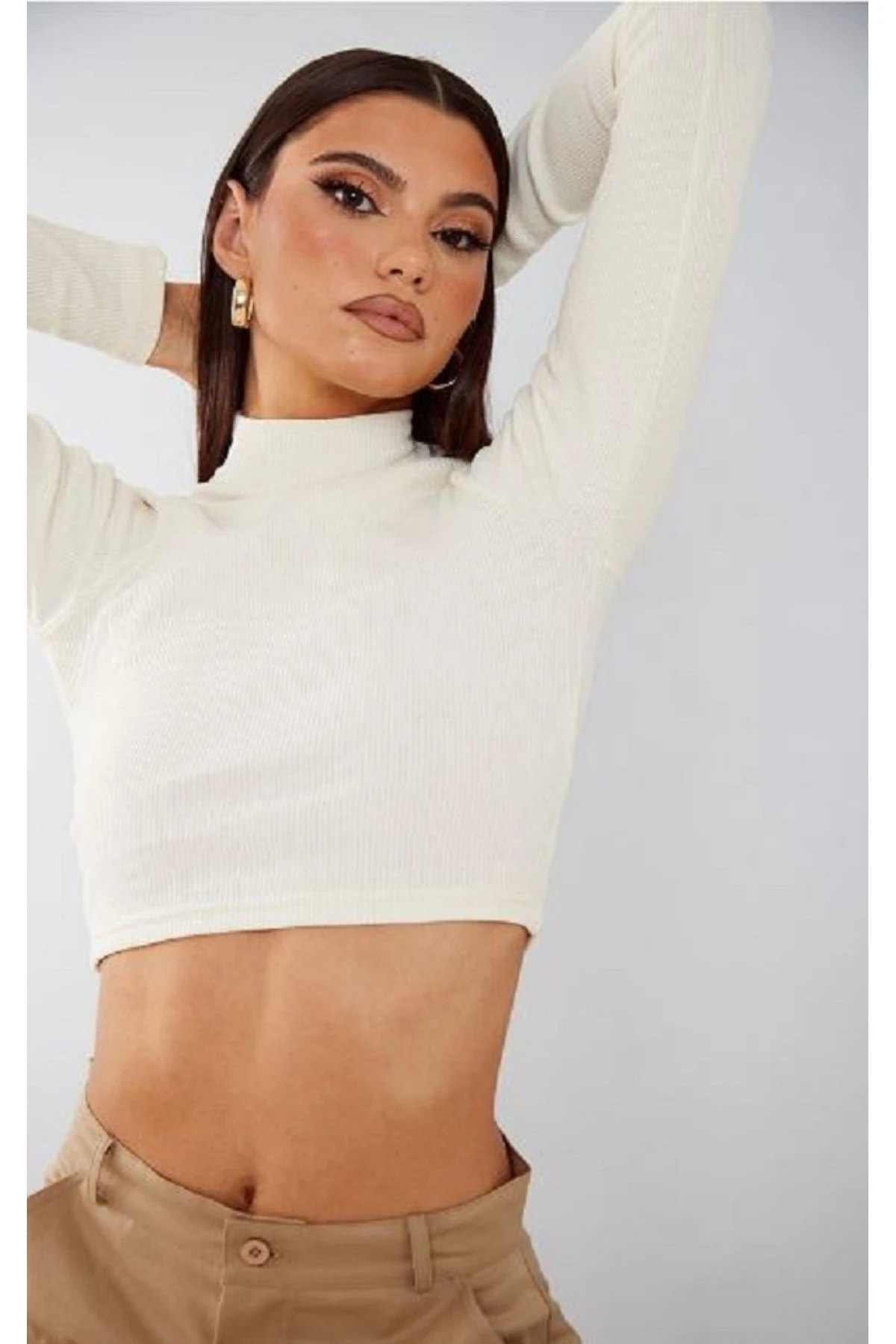 KADIN BOĞAZLI UZUN KOL CROP KAŞKORSE FİTİLLİ KUMAŞ