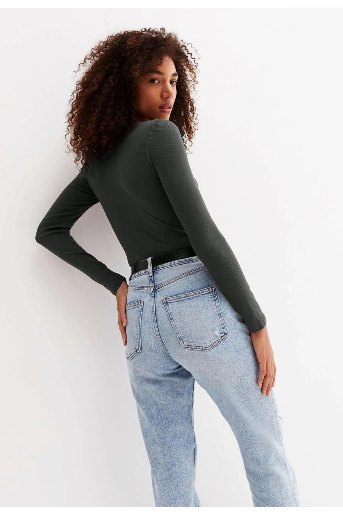 Kadın Beyaz Uzun Kol T-shirt&bluz ,fitilli Kaşkorse Kumaş