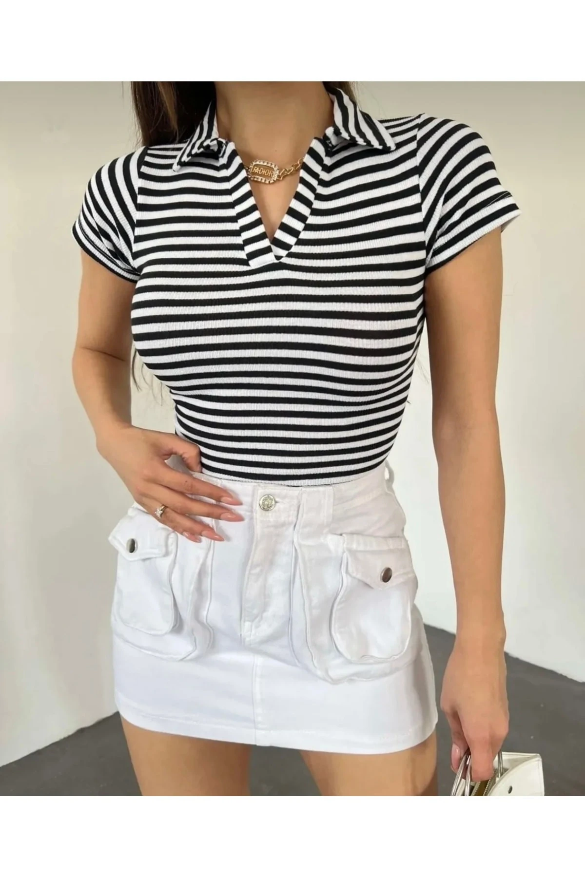 Polo Yaka Kaşkorse Kısa Kol Crop