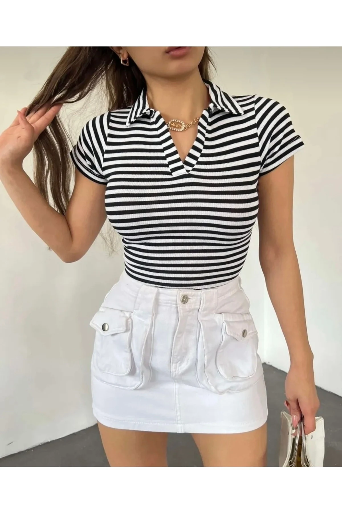 Polo Yaka Kaşkorse Kısa Kol Crop