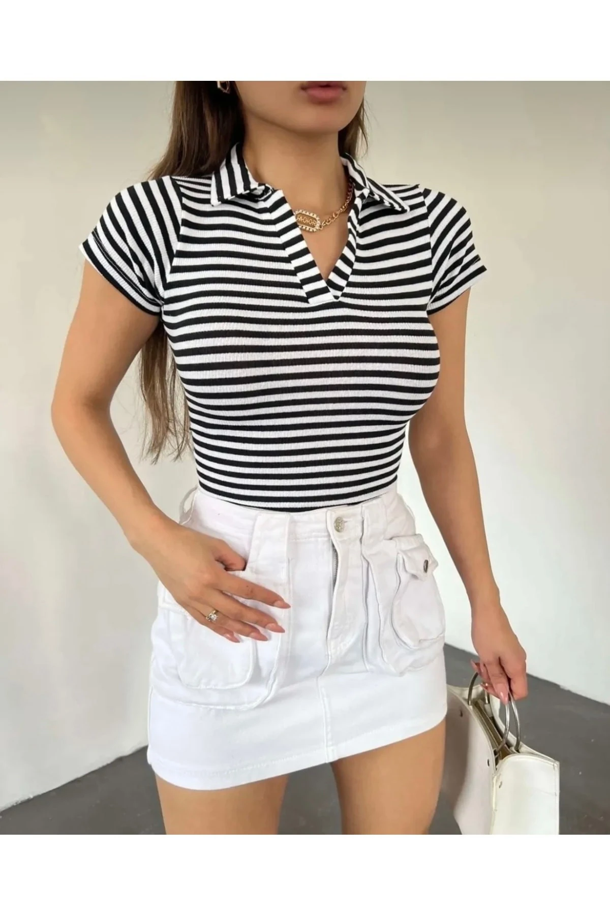 Polo Yaka Kaşkorse Kısa Kol Crop