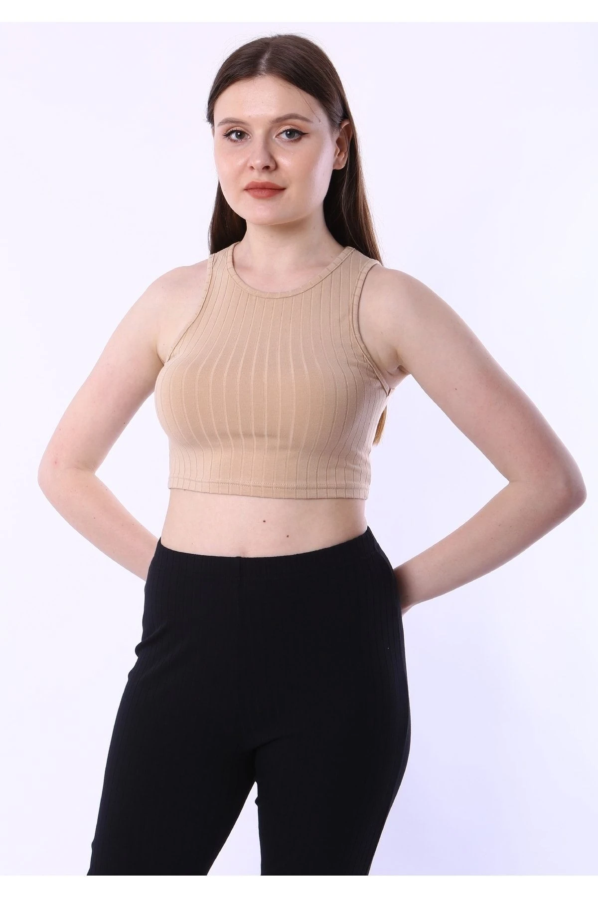 Geniş Çizgili Kolsuz Kaşkorse Bluz