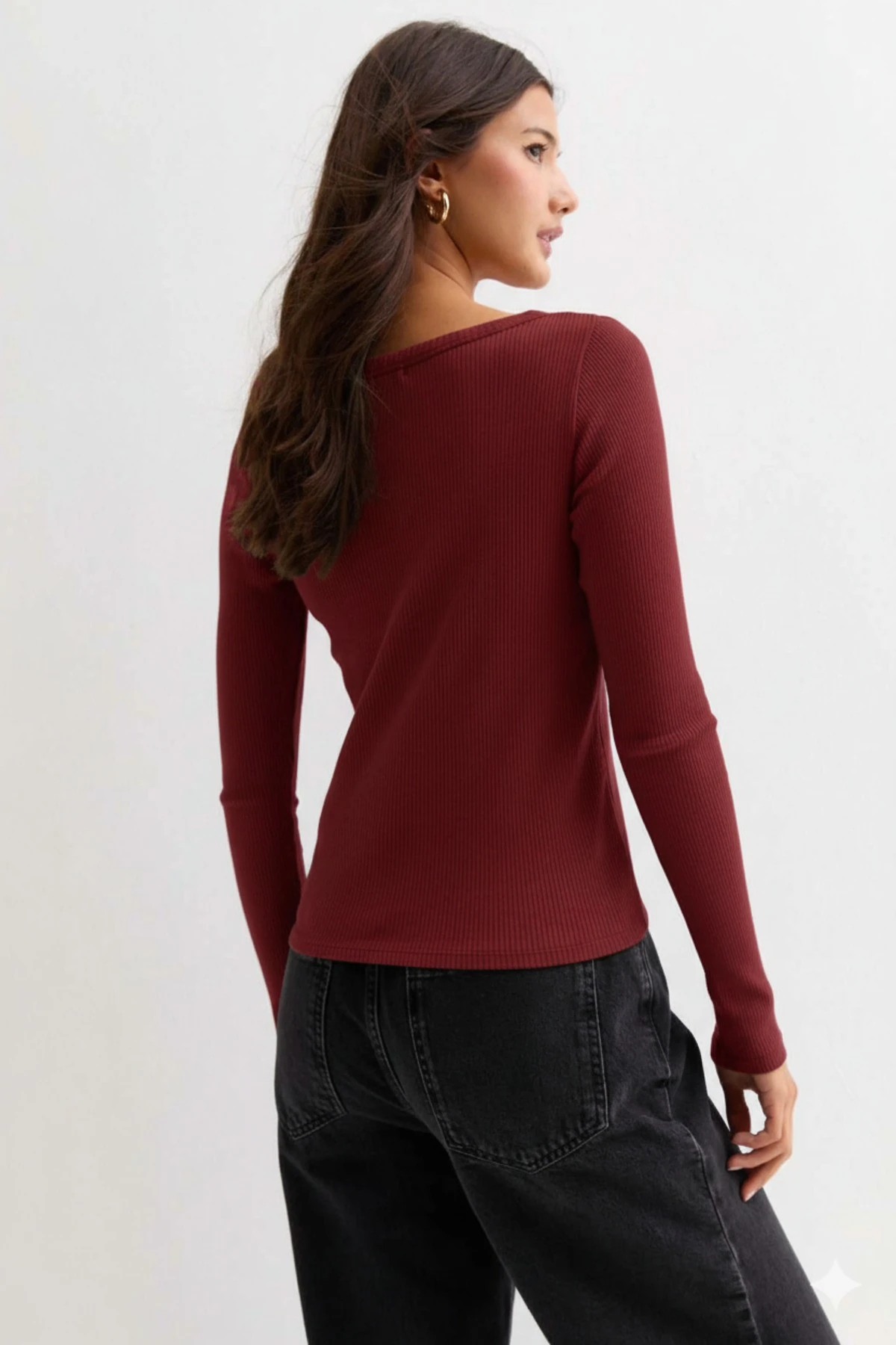 Kadın Siyah Uzun Kol, Derin Havuz Yaka Bluz, Fitilli Kaşkorse Kumaş