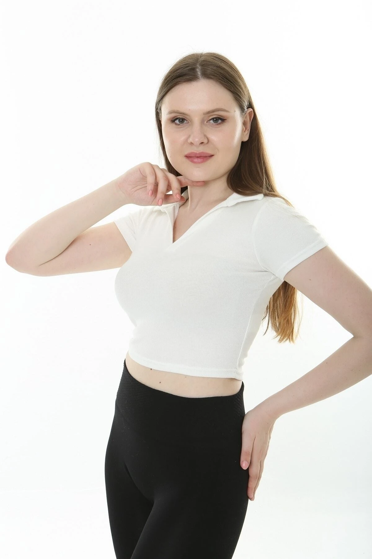 KADIN POLO YAKA CROP ,FİTİLLİ KAŞKORSE CROP T-SHIRT