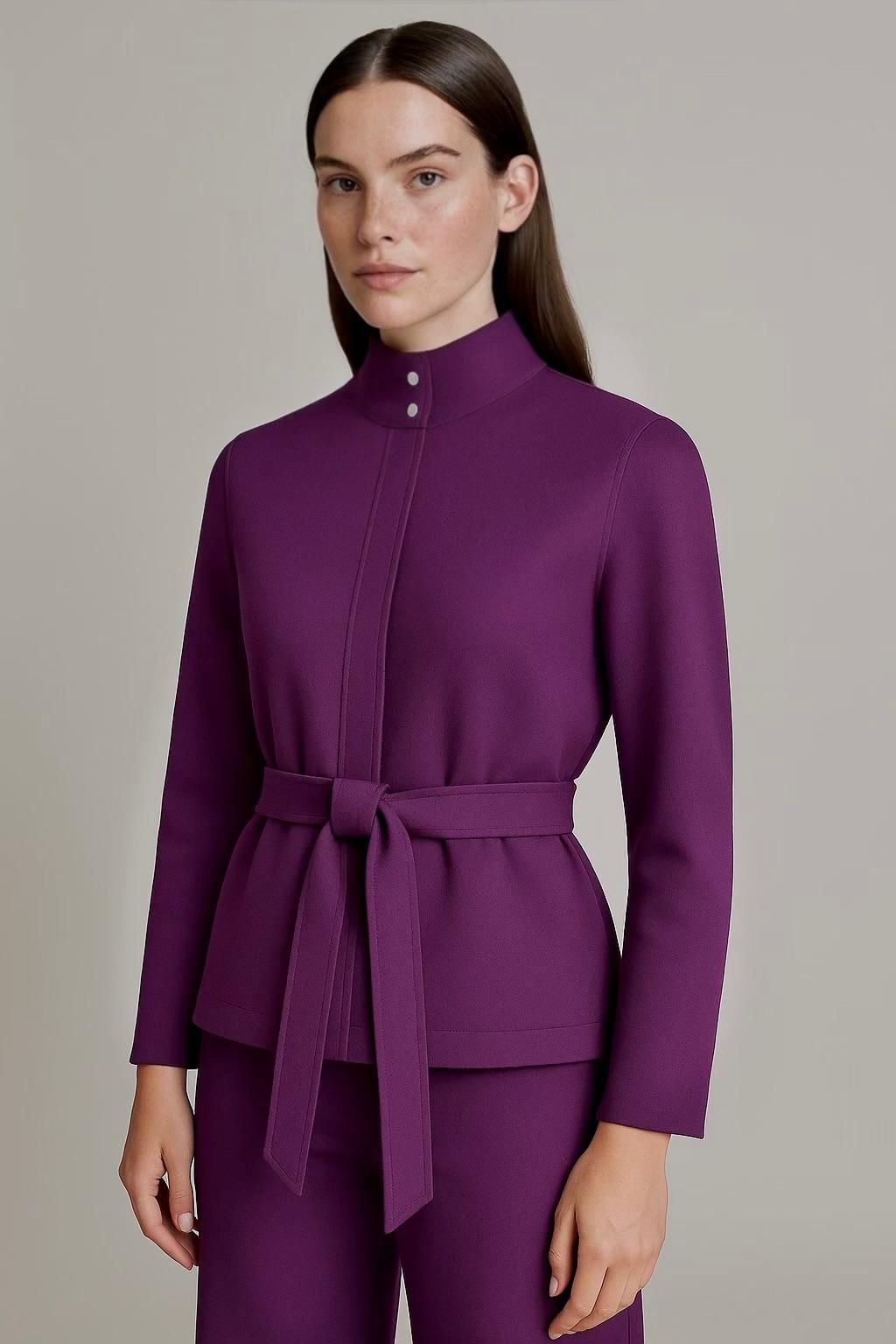 Kuşaklı yüksek yaka ceket mor premium kumaş