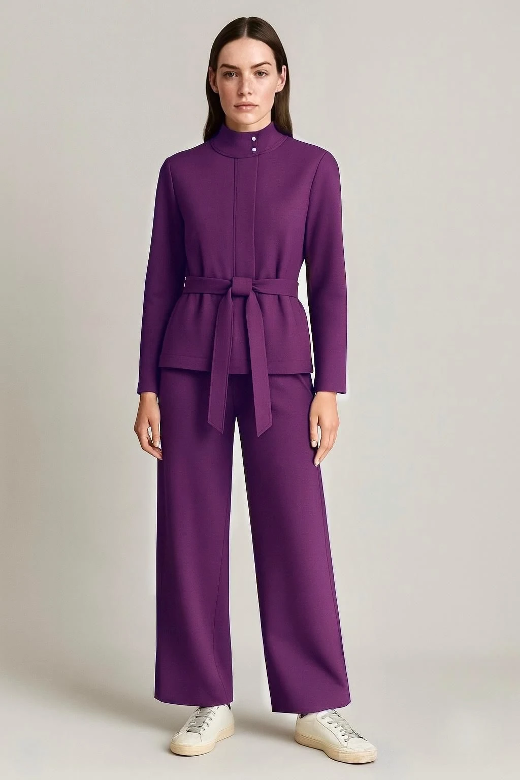 Kuşaklı yüksek yaka ceket mor premium kumaş