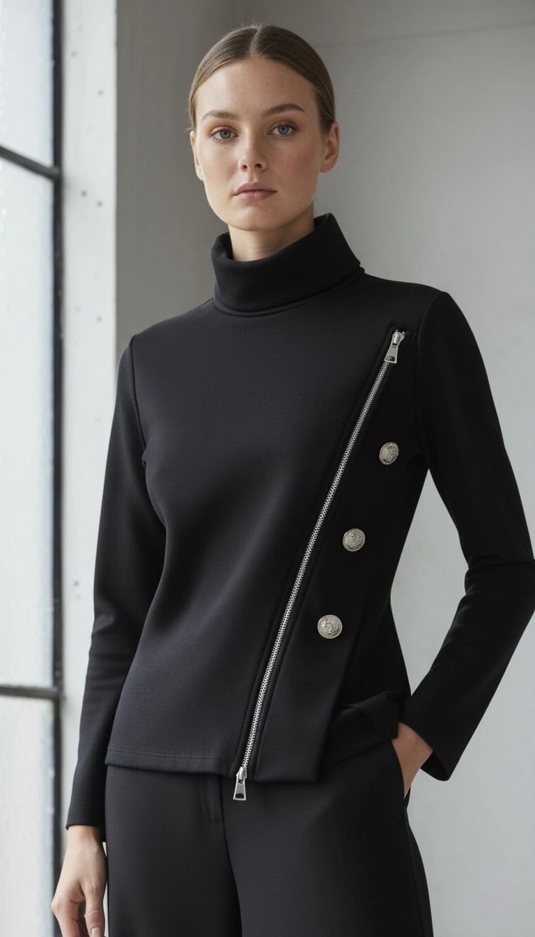 Asimetrik fermuar detaylı bluz premium kumaş