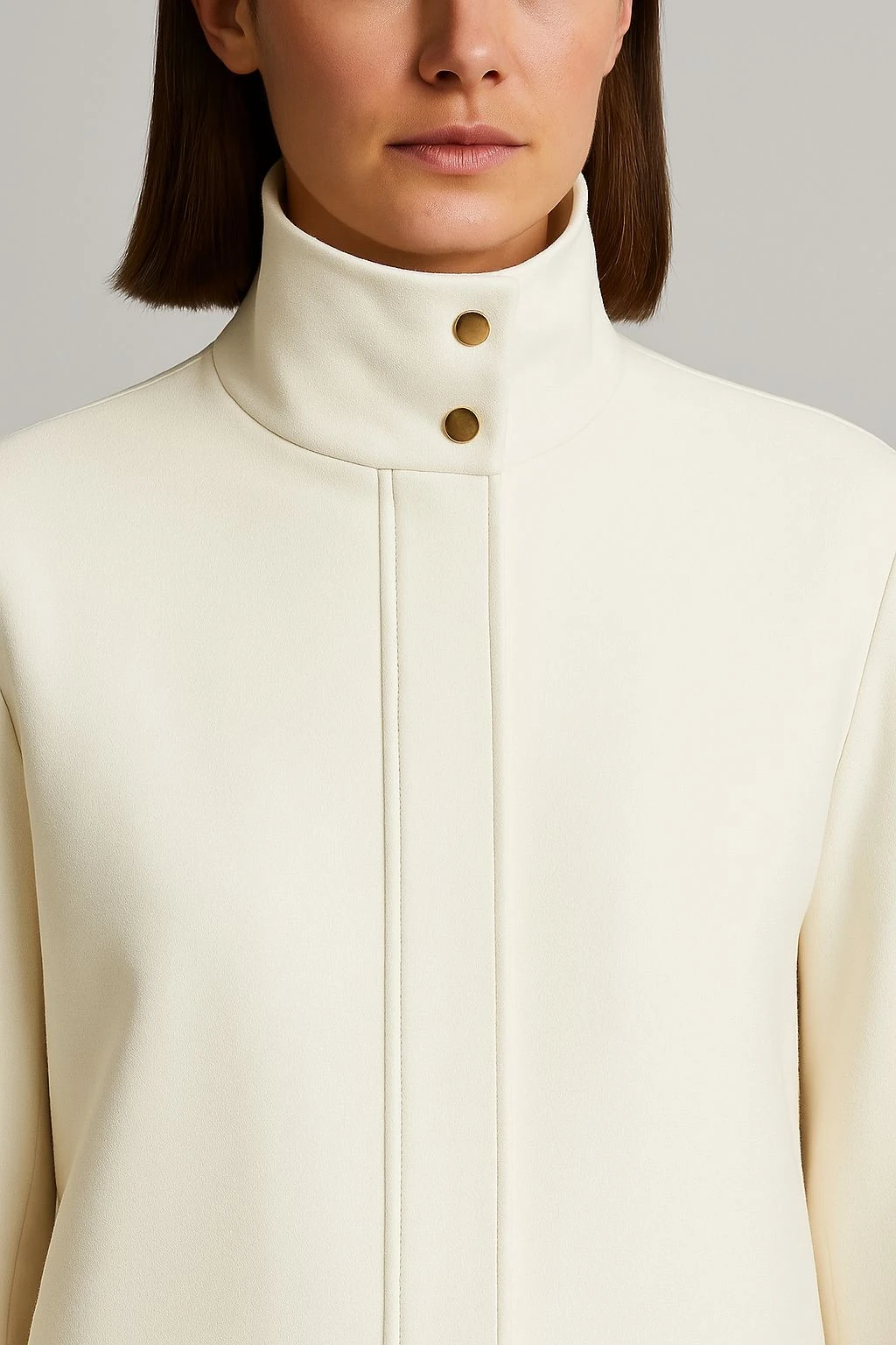 Kuşaklı yüksek yaka ceket premium kumaş ekru