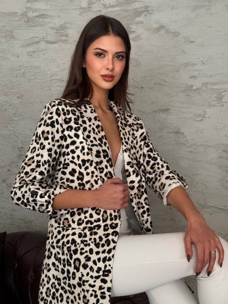 Leopar katlanır kol ceket